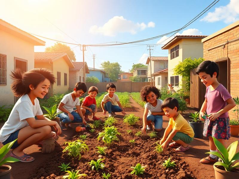 Voluntários e crianças plantando horta comunitária