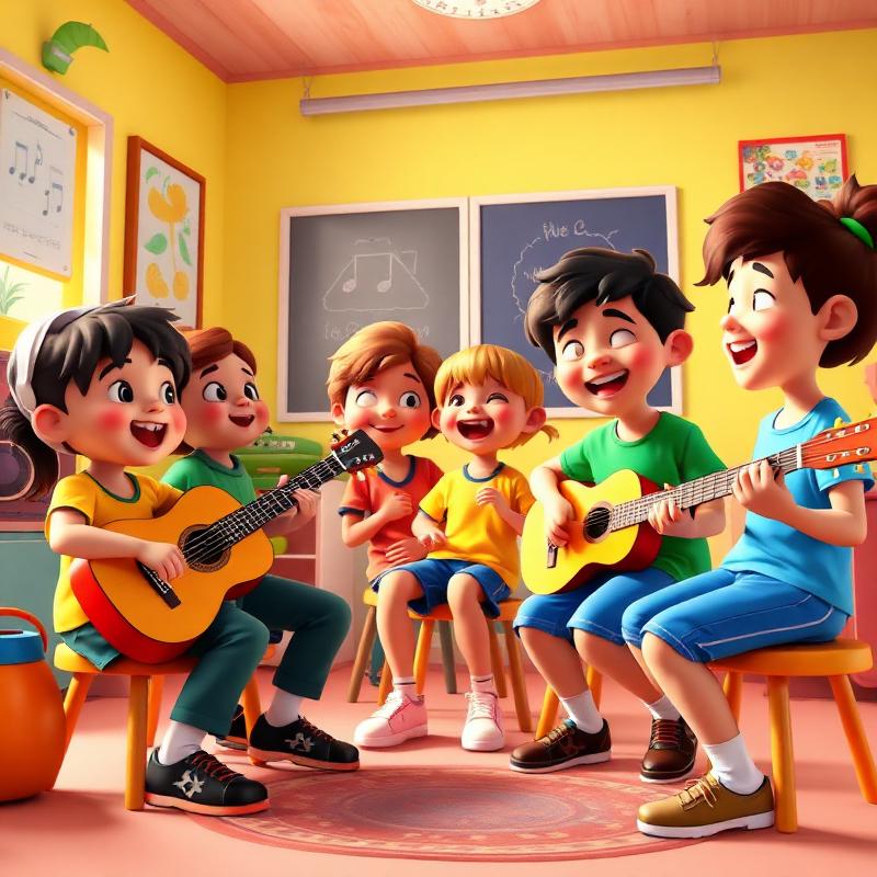 Crianças em aula de música tocando violão