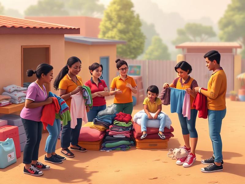 Voluntários organizando roupas para doação
